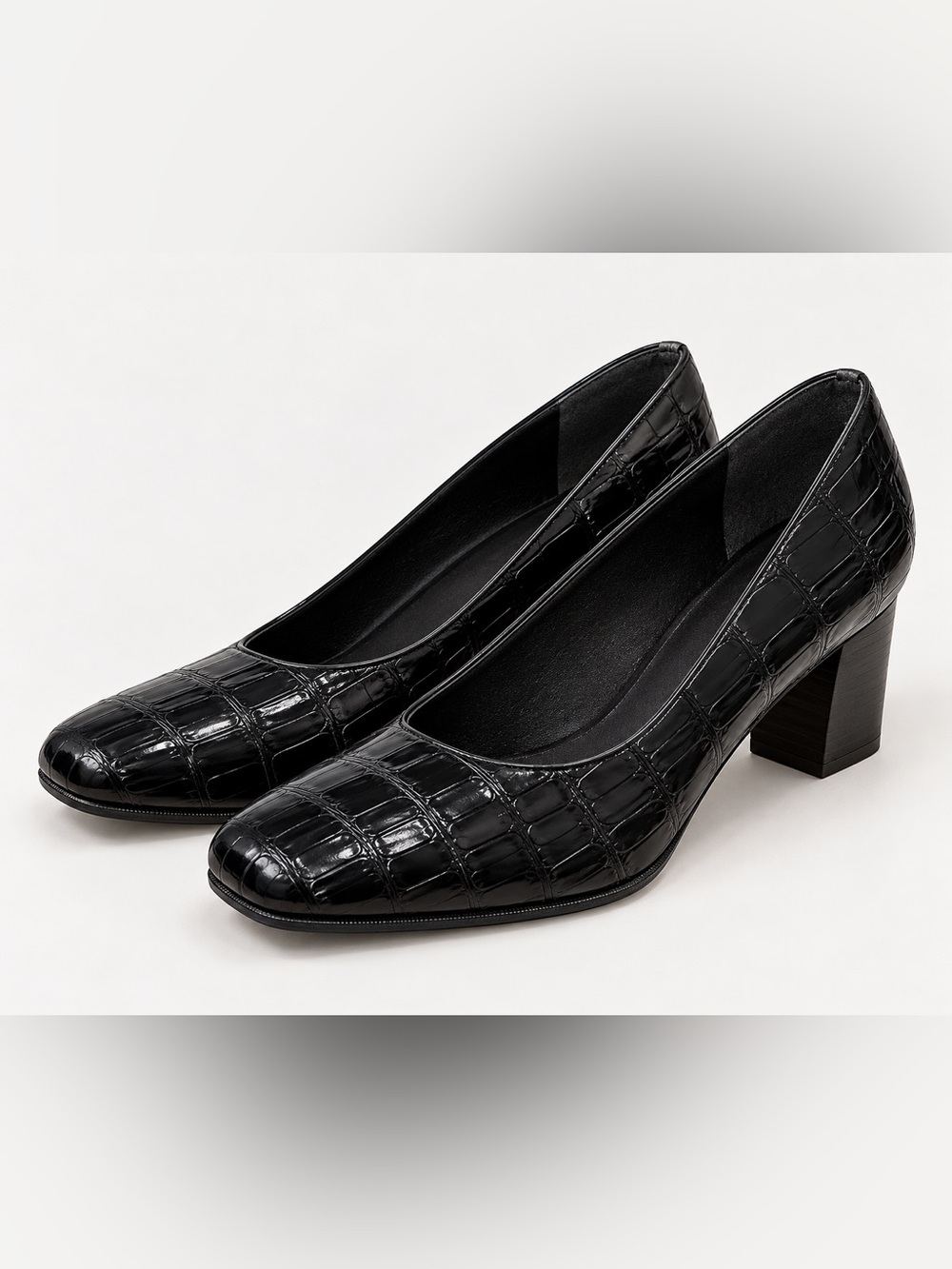 Stuart Weitzman Black Croc Embossed Block Heel Pumps 11.5 SS
